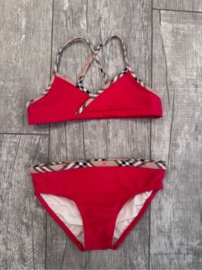 Burberry Red Girls' Two-Piece Swim Bikini with Plaid Trim